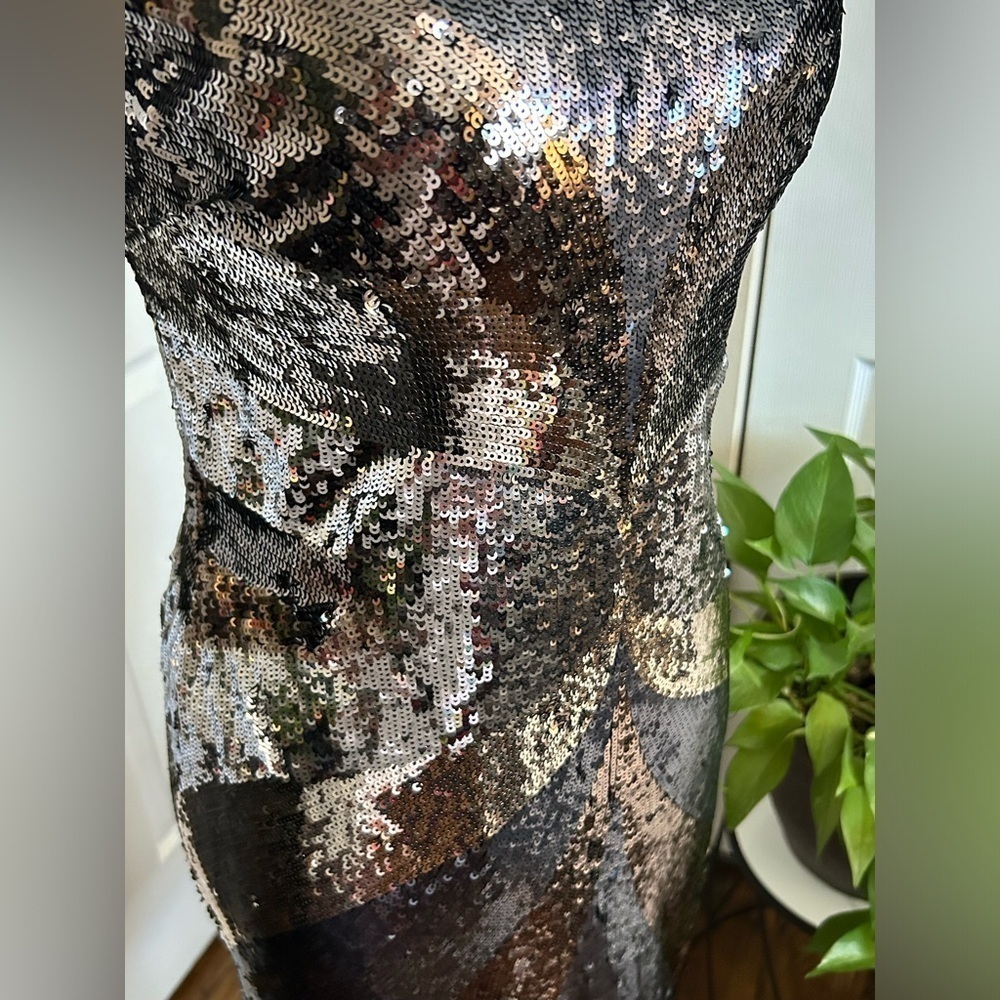 Aidan Mattox Sequins New Years Cocktail Holiday Party Dress Black Gold Silver 10 - Picture 3 of 7